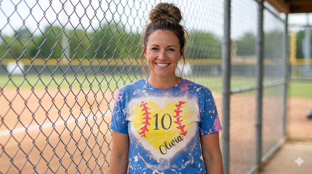 bleached softball mom shirt with players name and number.  Softball is in the shape of a heart