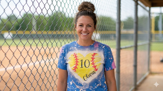 bleached softball mom shirt with players name and number.  Softball is in the shape of a heart