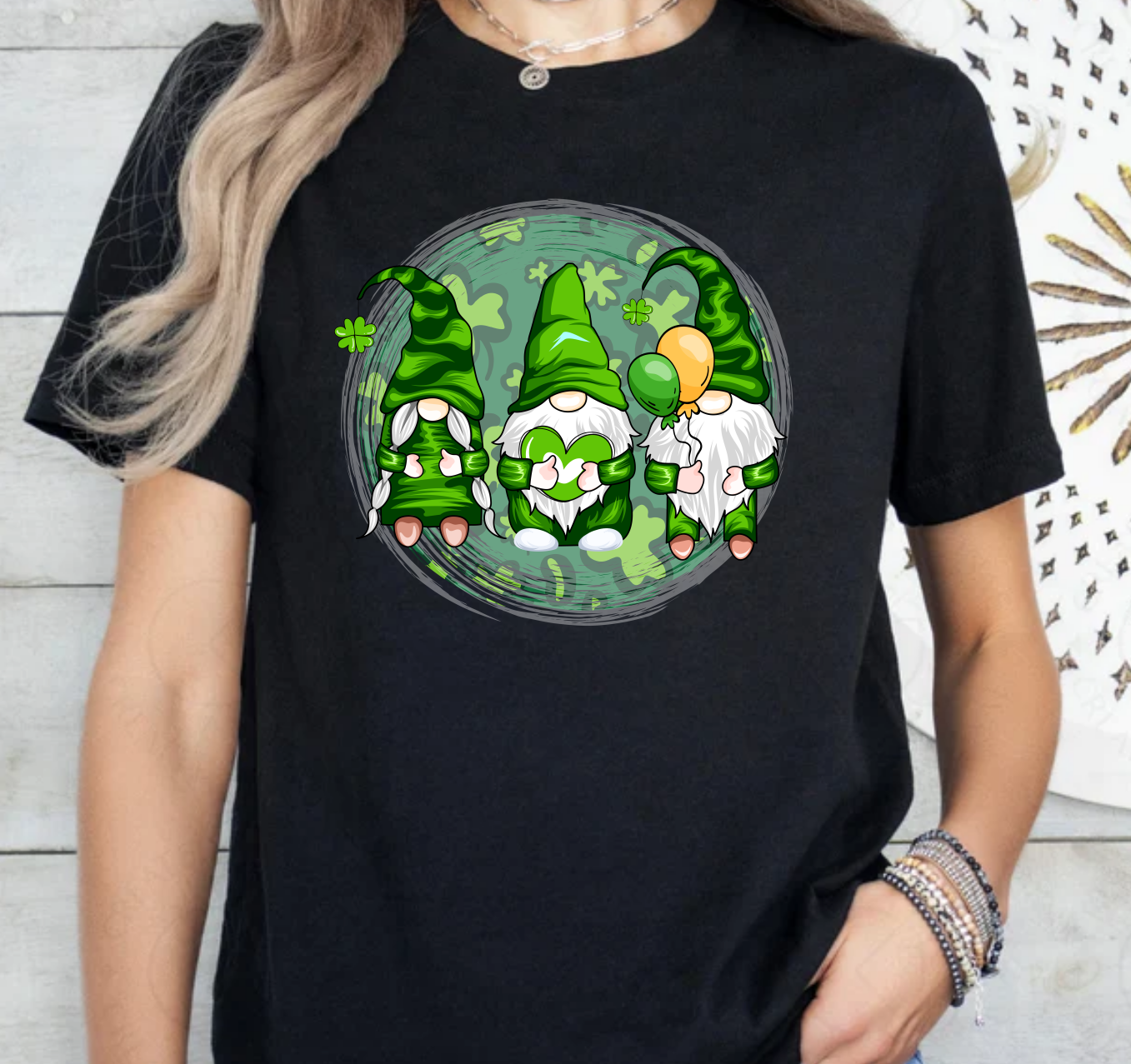 Gnomes in a circle St. Patrick's Day black tee