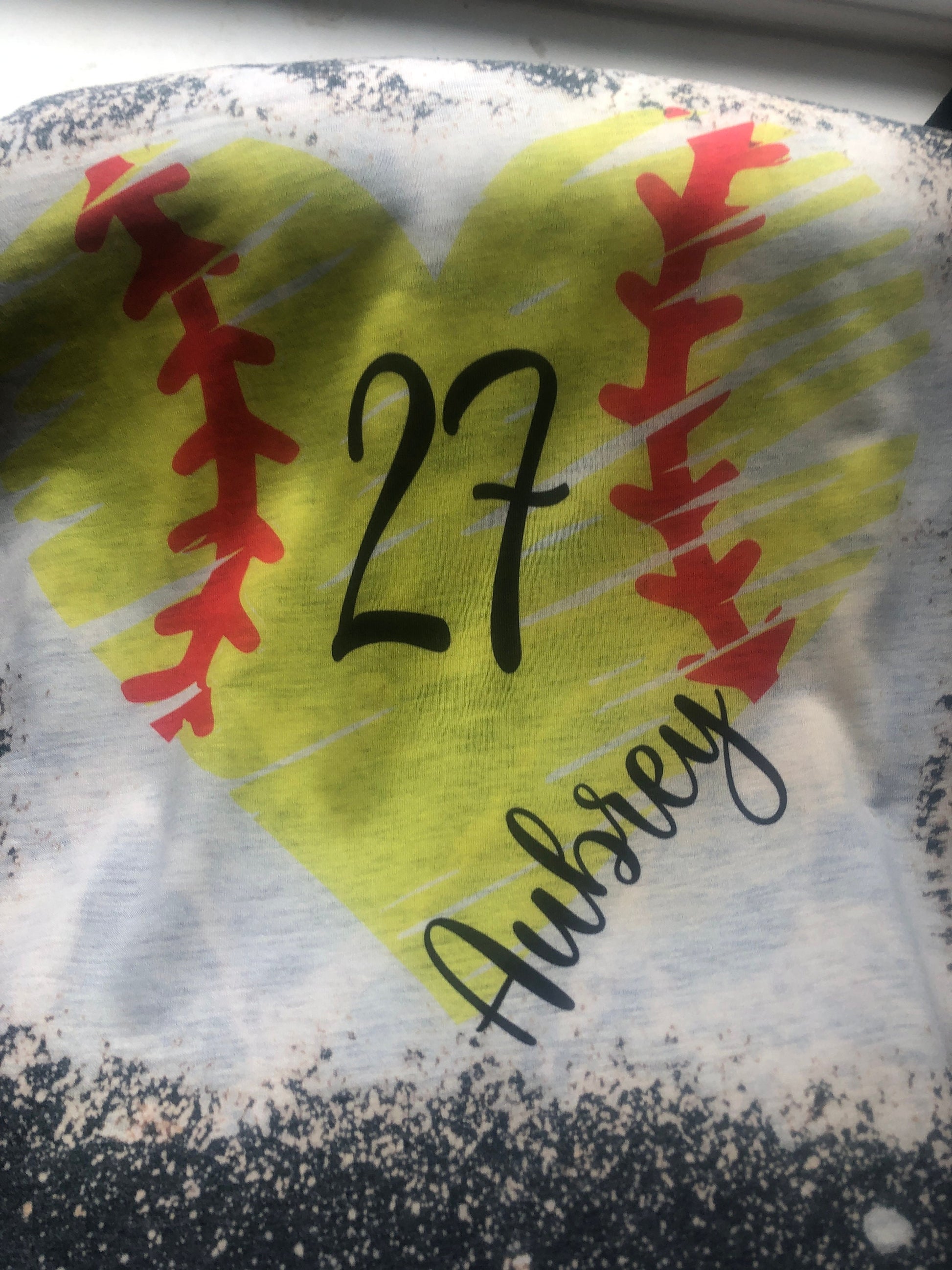 Softball Heart Shirt Bleached ~ Custom Name and Number - Liv's Boutique