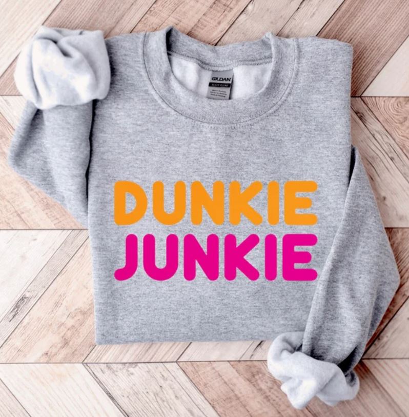 Dunkie Junkie Graphic Crewneck Sweatshirt - Dunkin Donuts Sweatshirt - Liv's Boutique