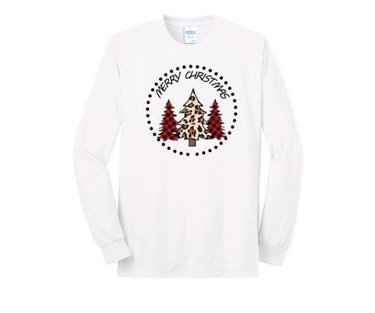 Merry Christmas Long Sleeve Shirt ~ Buffalo Plaid and Leopard Christmas Trees - Liv's Boutique
