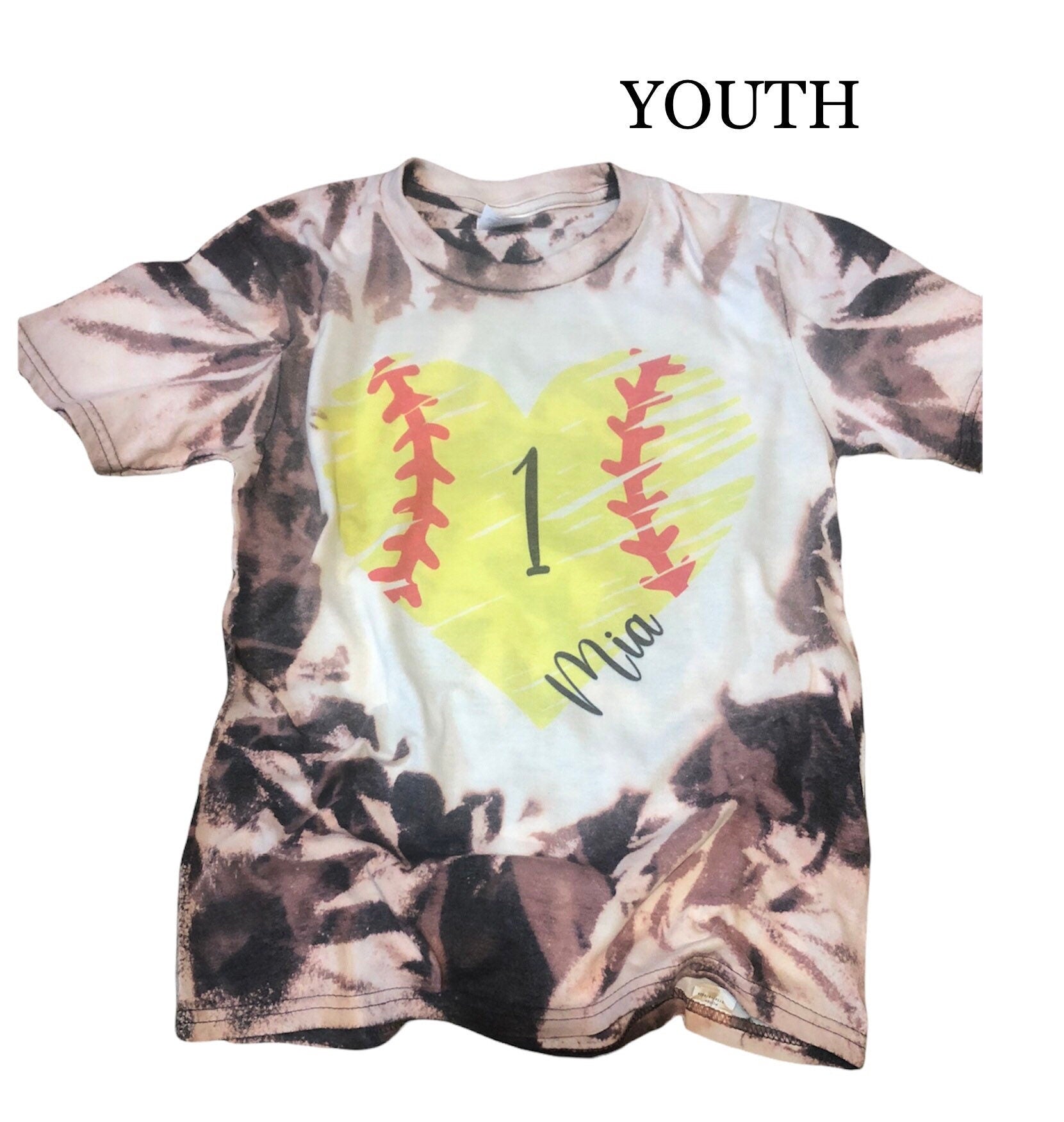 Softball Heart Shirt Bleached ~ Custom Name and Number - Liv's Boutique