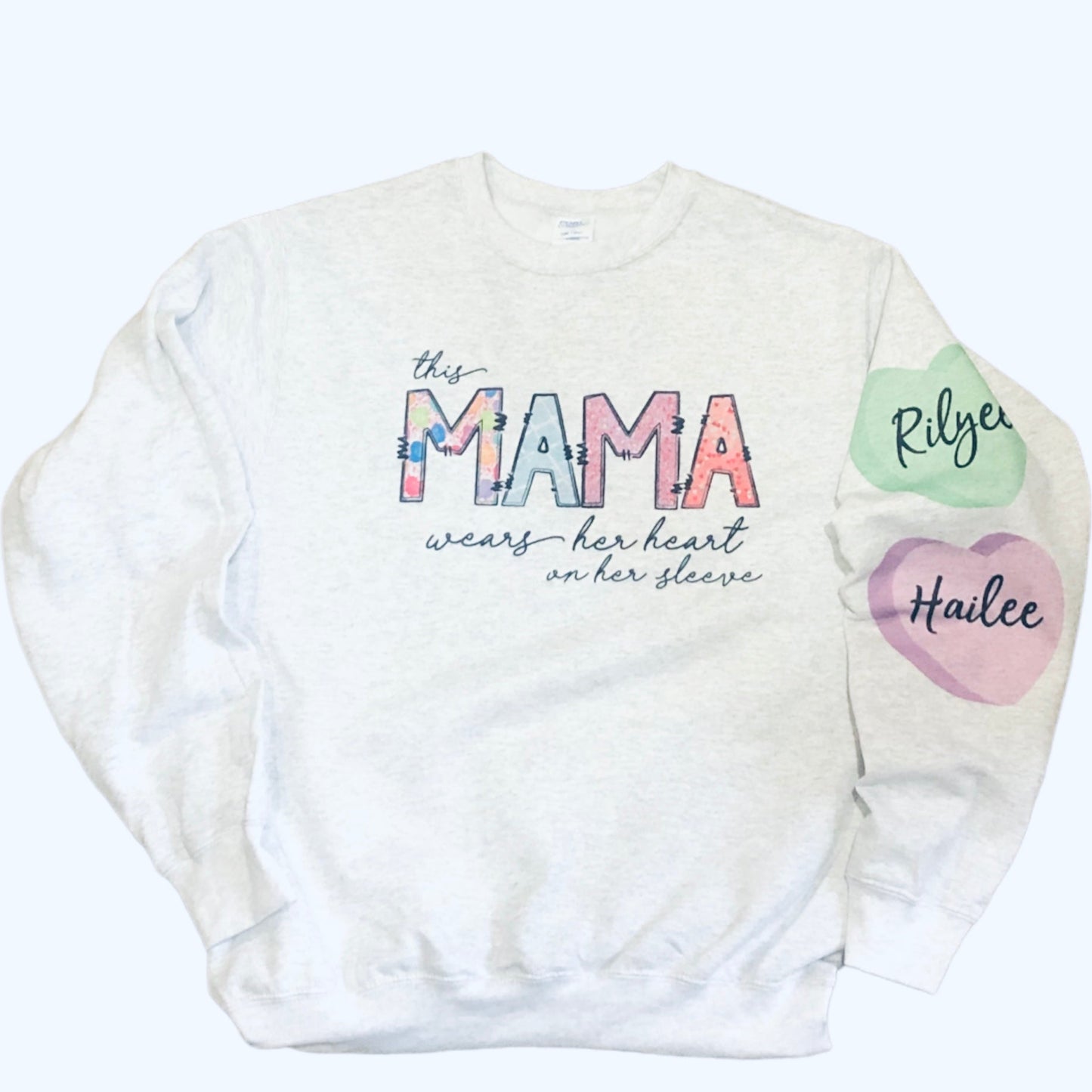 this mama wears her heart on her sleeve custom name candy hearts on sleeve
