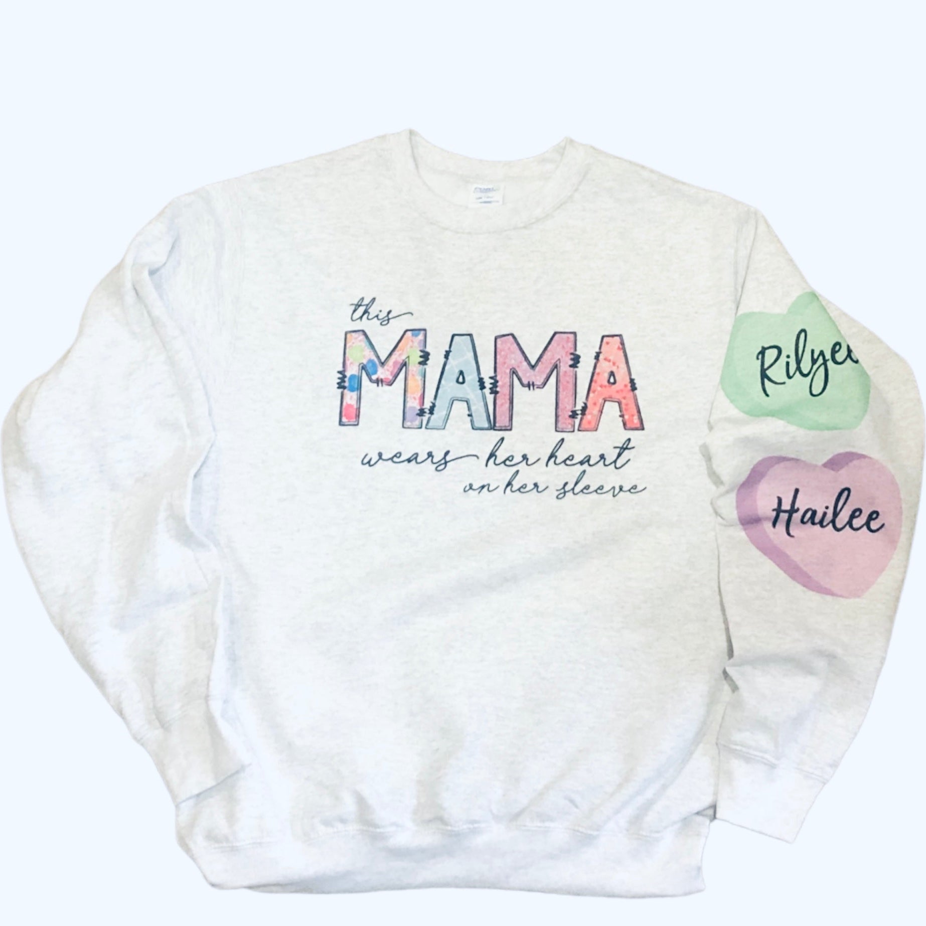 this mama wears her heart on her sleeve custom name candy hearts on sleeve